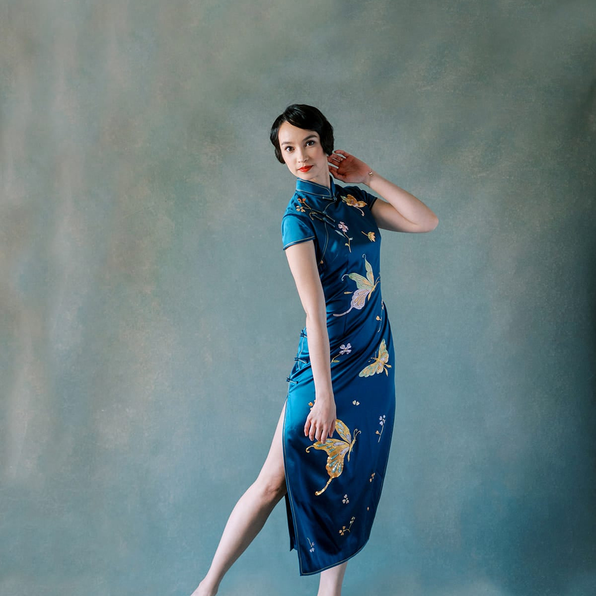Teal Blue Silk Qipao with Peony & Butterfly Embroidery