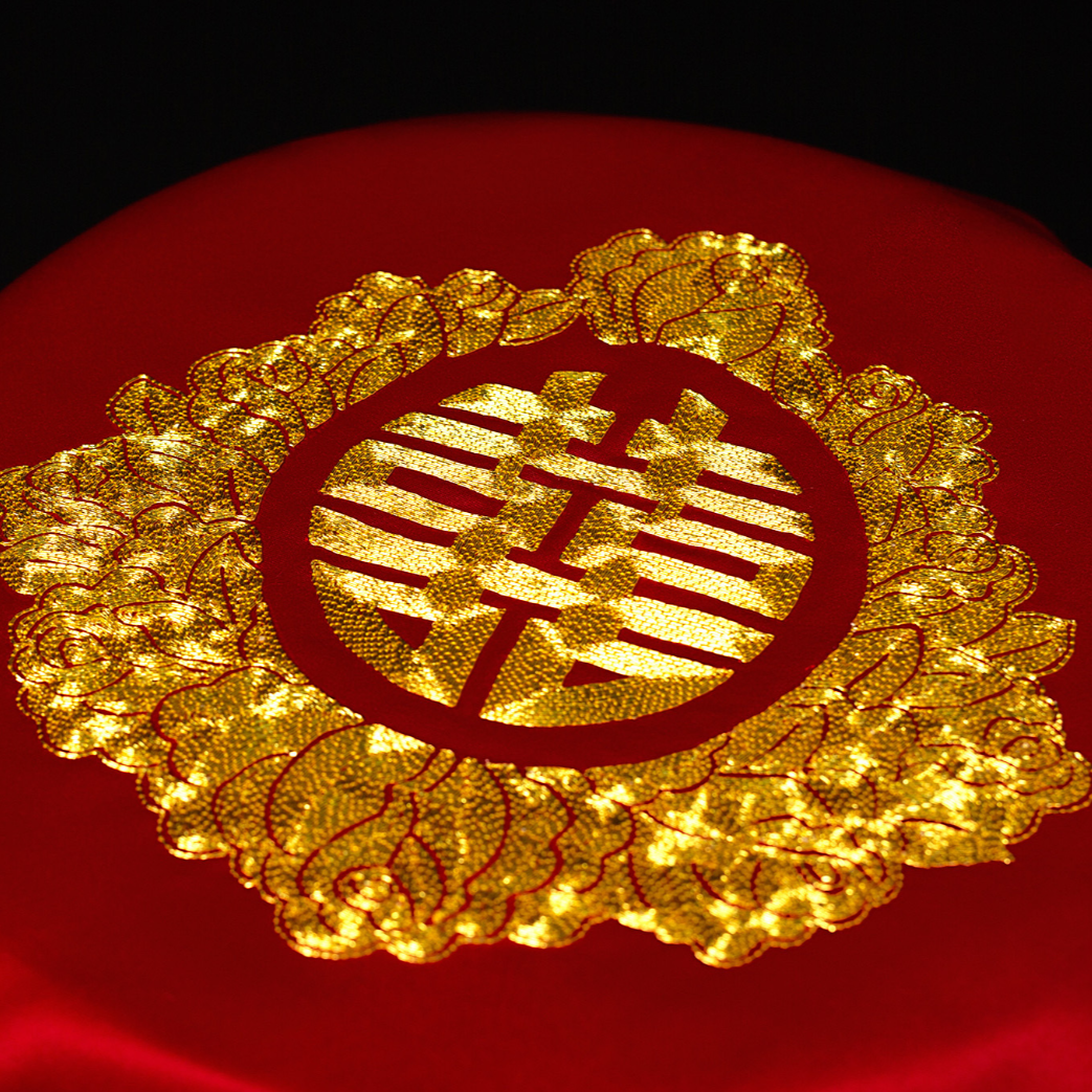 Traditional chinese wedding veil with gold double happiness symbol embroidery