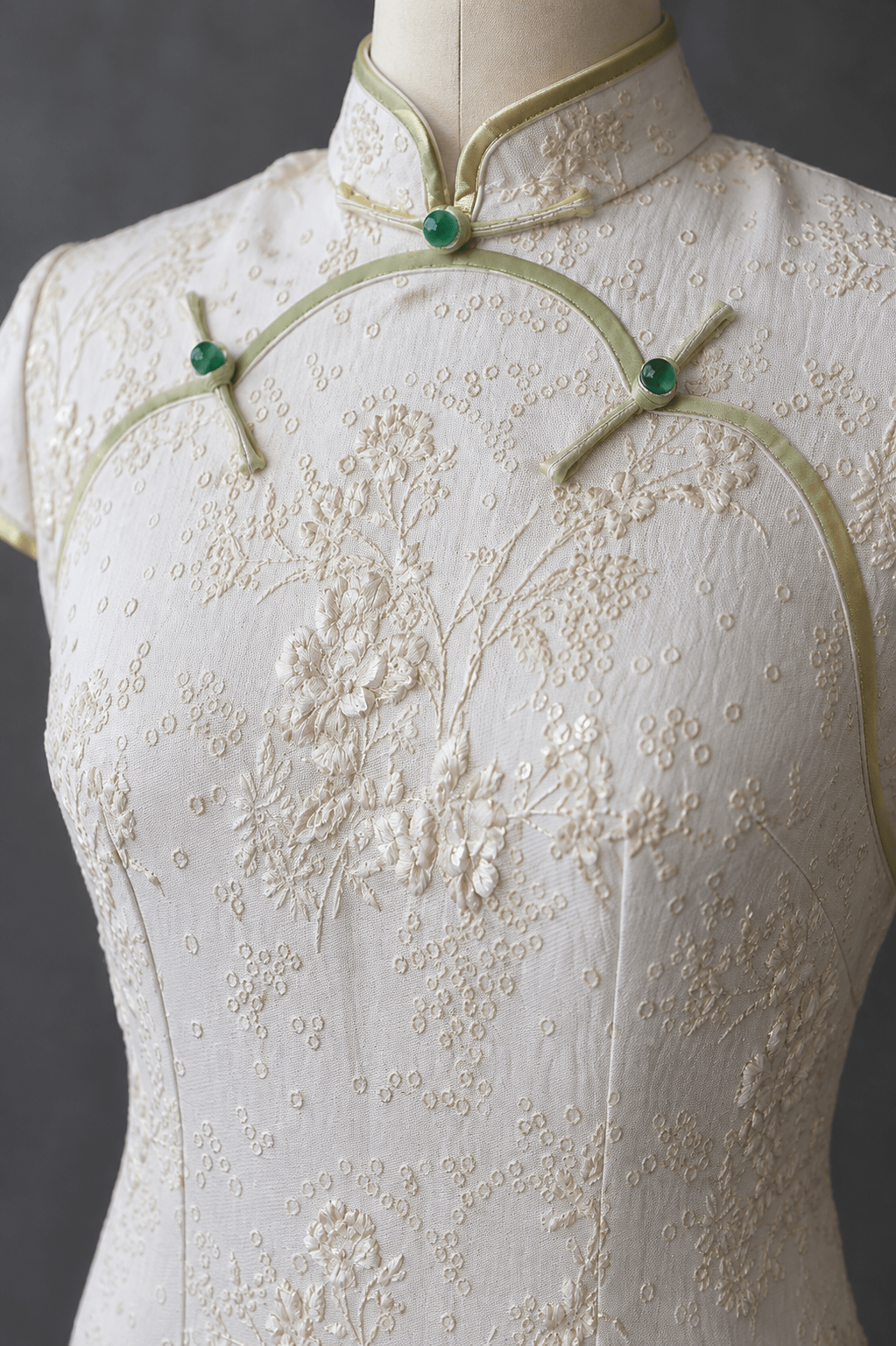Italian silk brocade and jade Pankou detail on white Qipao