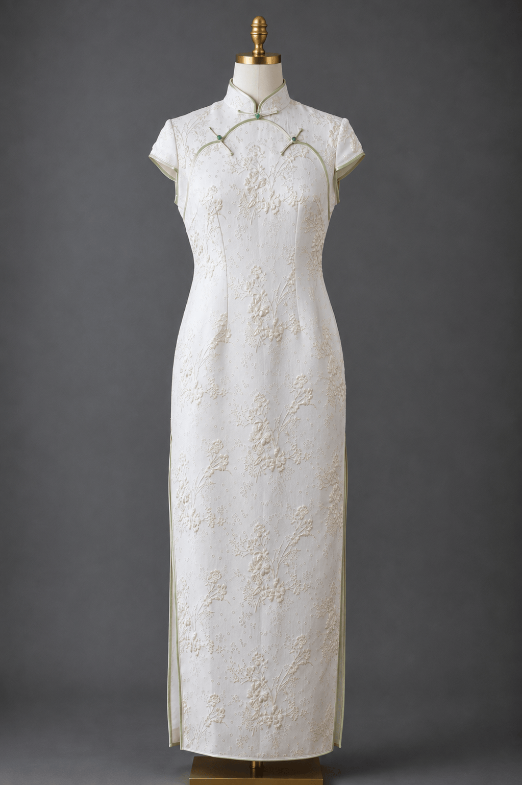 White Italian silk brocade Qipao with jade Pankou, front view