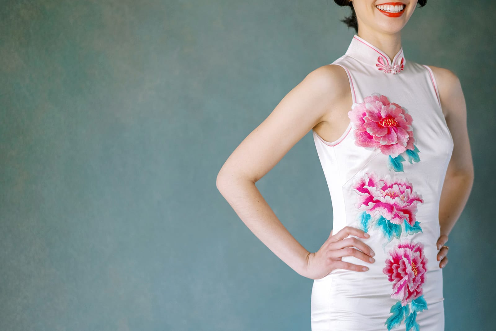 White Silk Halter Qipao with Peony Embroidery White Silk Halter Qipao with Peony Embroidery