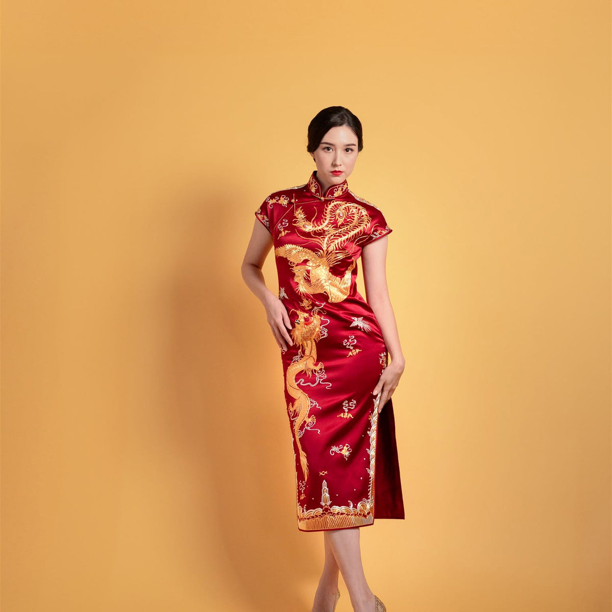Wine Red Goldwork I – Chinese Wedding Dress with Dragon & Phoenix Embroidery