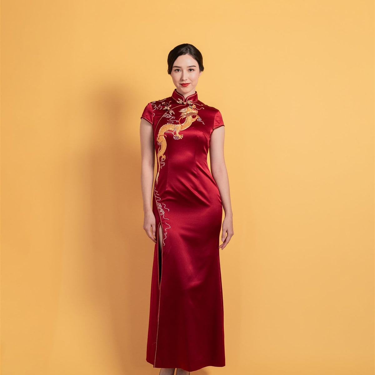 Wine Red Mermaid Qipao – Chinese Wedding Dress with Gold Dragon