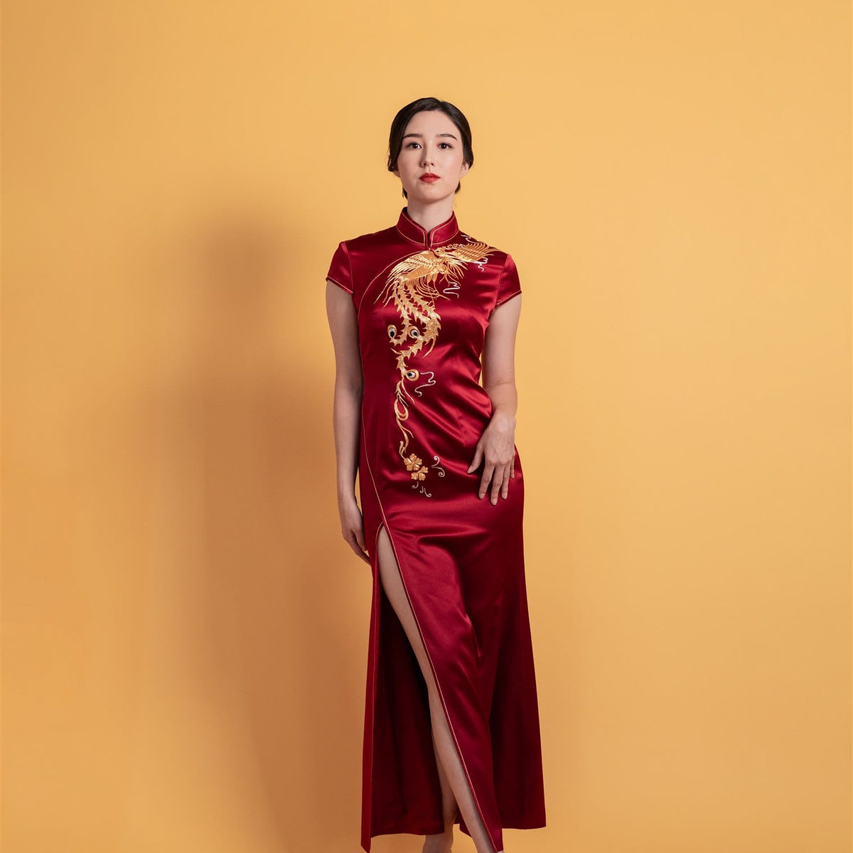 red mermaid wedding dress Wine Red Mermaid Qipao – Chinese Wedding Dress with Phoenix Embroidery