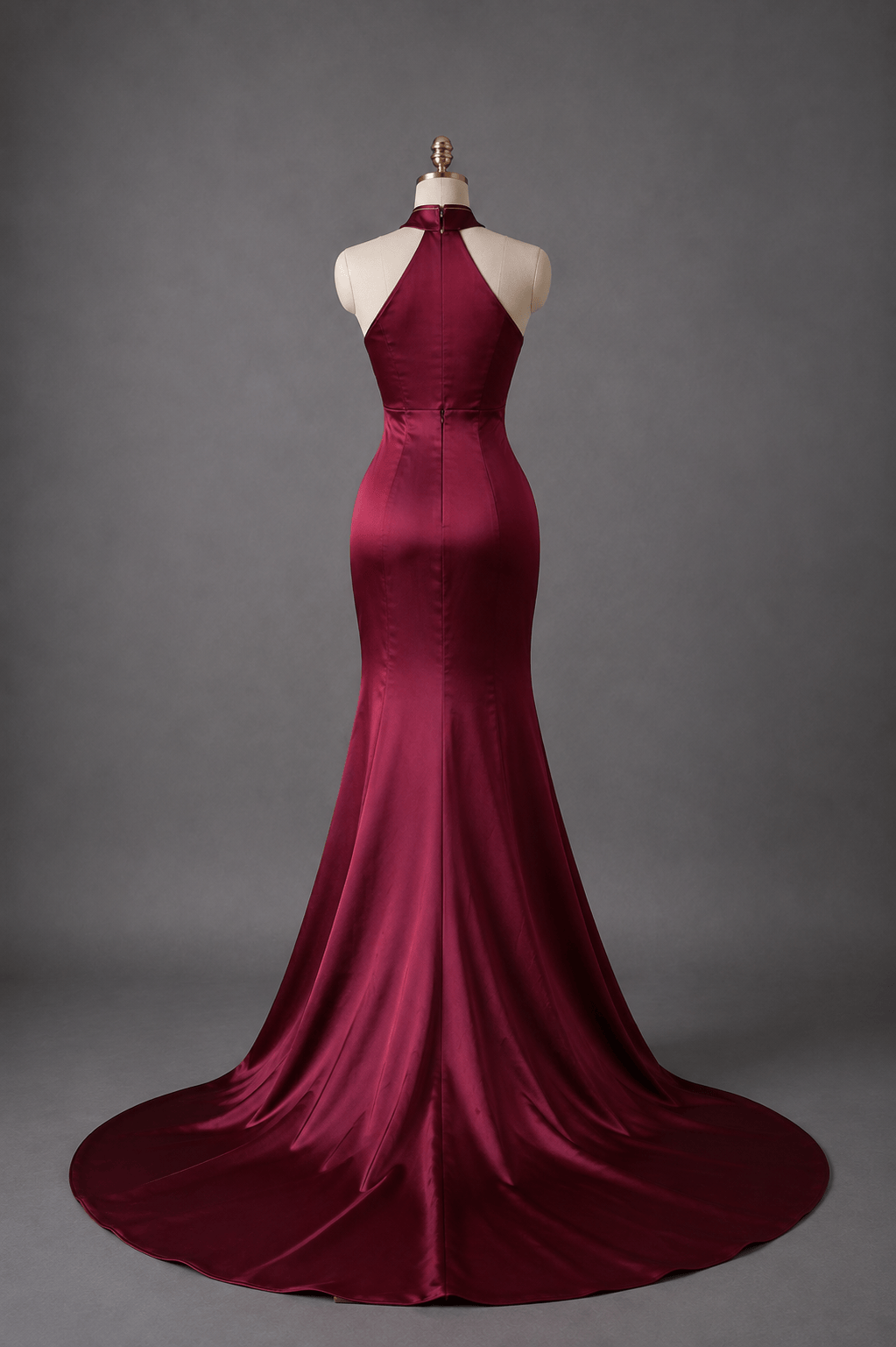 Wine red halter neck mermaid Qipao with sweeping train, back view