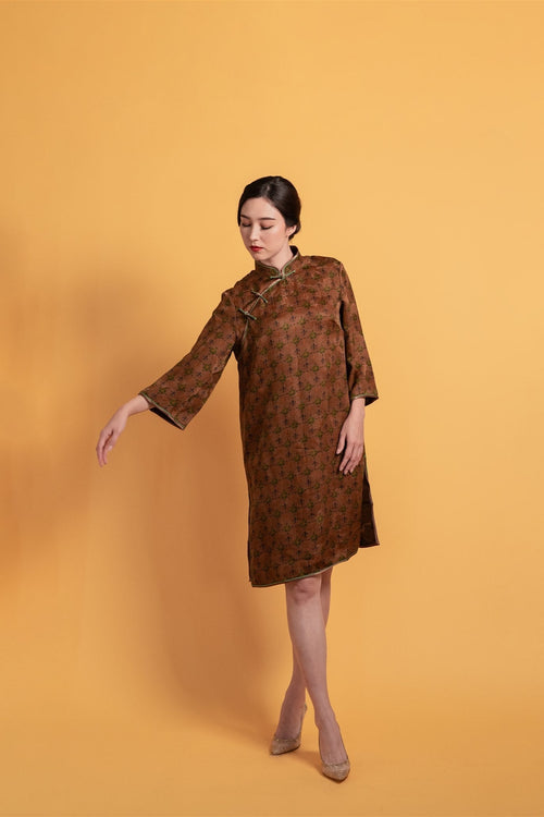 Front view of A-line Cheongsam in Xiang Yun silk with 3/4 sleeves.