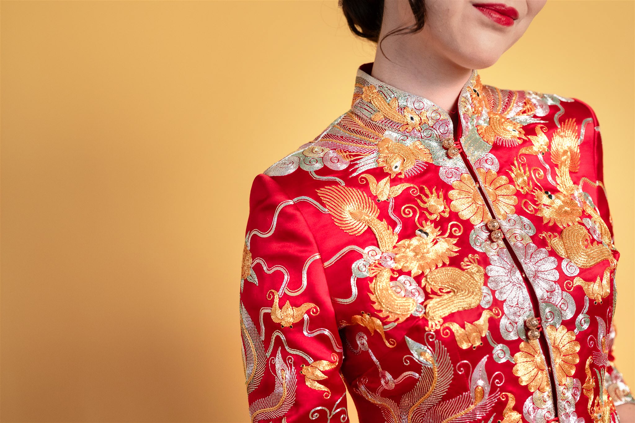 Gold phoenix embroidery detail – Xiao Wu Fu traditional Chinese dress
